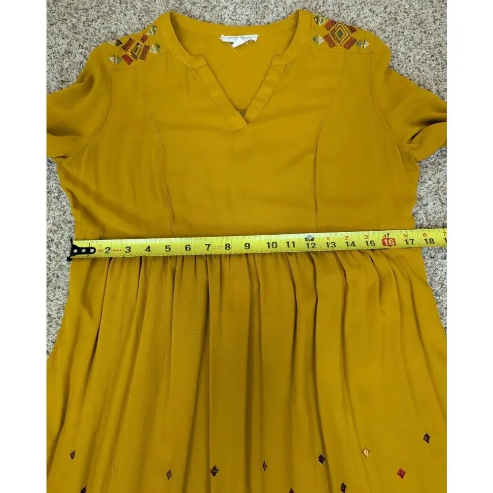 Womens S Boho Long Sleeve Dress Embroidered V Neck Gold Mustard Yellow Hippie - Picture 11 of 14